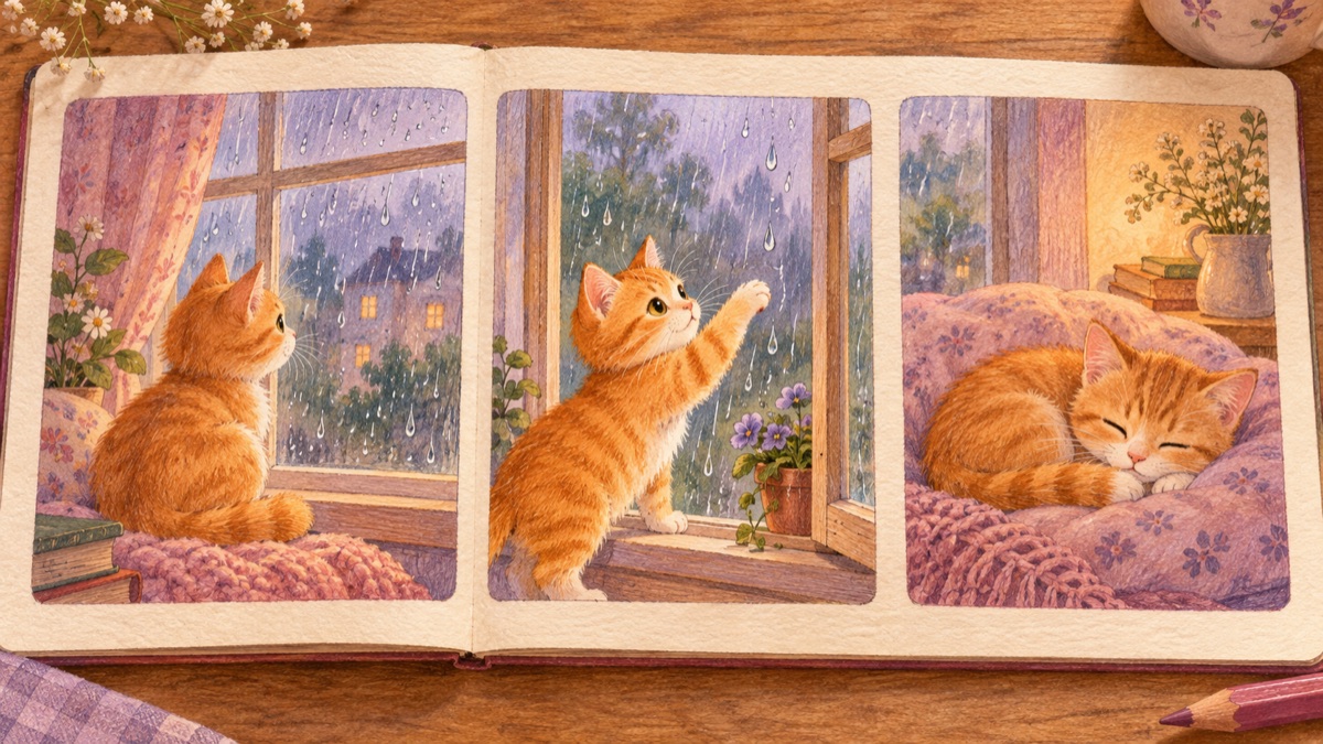三格橙猫看雨、伸爪与休息的彩色故事练习页，AI 生成情境示意